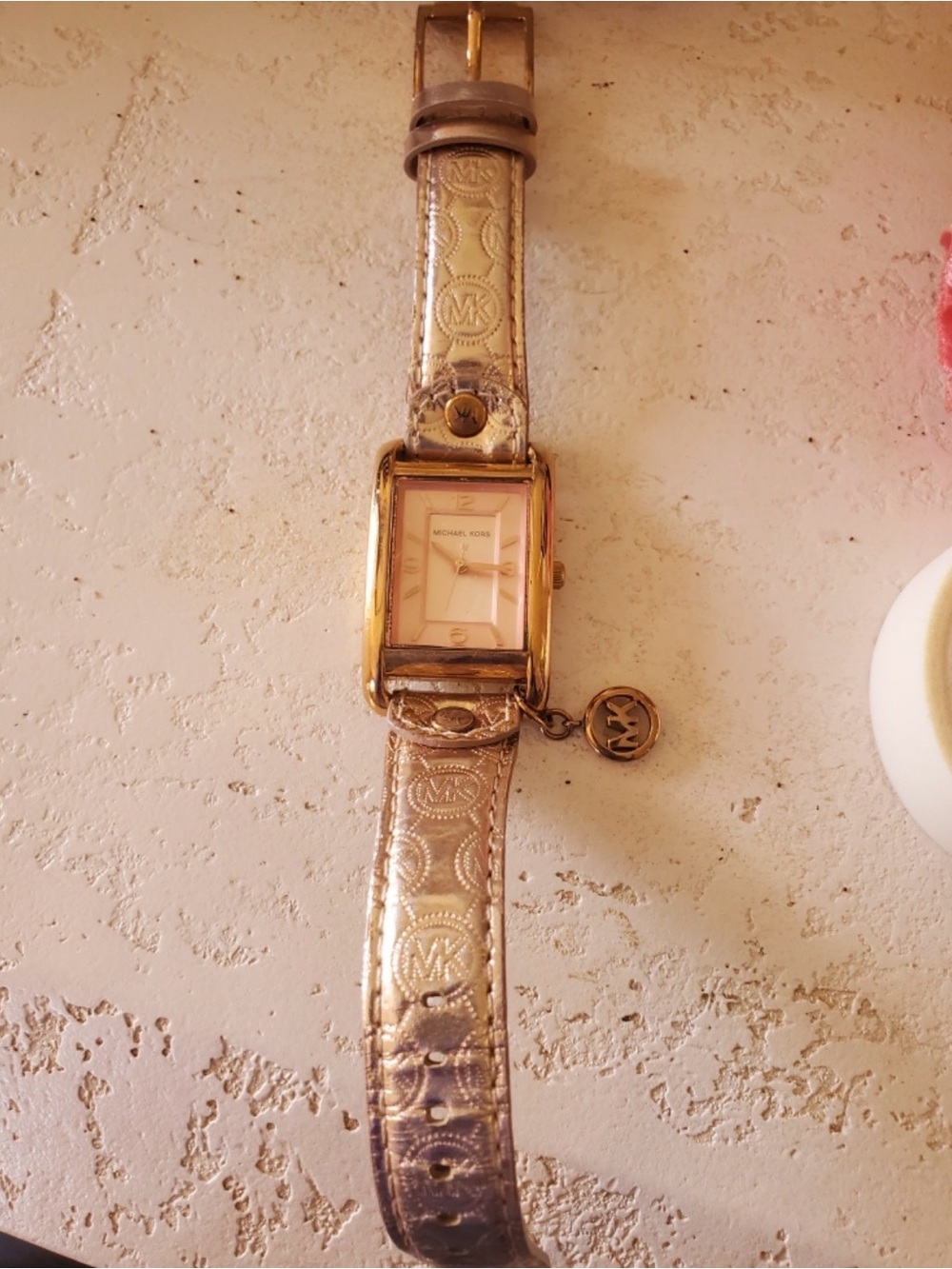 Michael Kors Gold-Tone Rectangular Watch with Metallic Logo Strap
